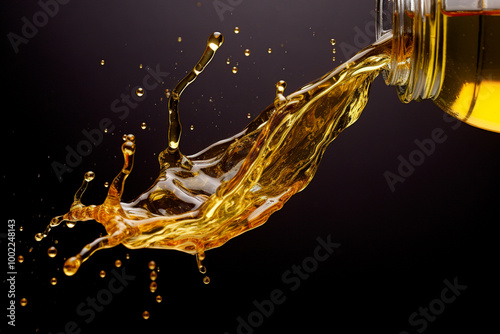 Image of pure olive oil flowing from the bottle, capturing its smooth texture and golden color under soft light