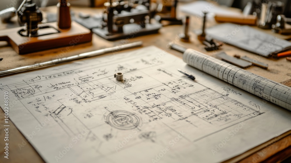 Detailed view of a drafting table with mathematical equations, engineering schematics, and design tools visible Detailed view of a drafting table with mathematical equations, engineering schematics, and design tools visible
