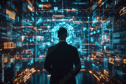 Wallpaper Mural A cybersecurity expert explores a virtual data space filled with encrypted codes and firewalls in a high-tech environment. Generative AI Torontodigital.ca