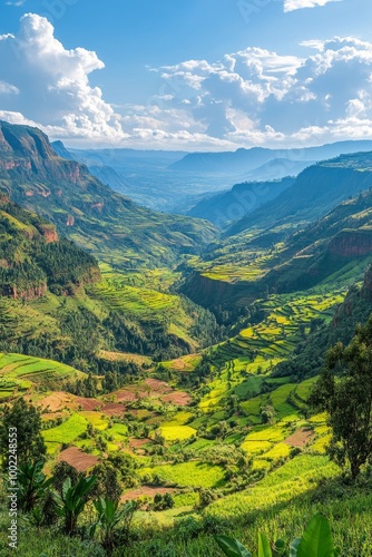Lush green valley with rolling hills and clouds under a bright blue sky in th...