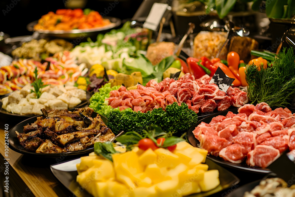Delicious Buffet Display with Meat, Cheese, and Vegetables - Realistic Photo Delicious Buffet Display with Meat, Cheese, and Vegetables - Realistic Photo
