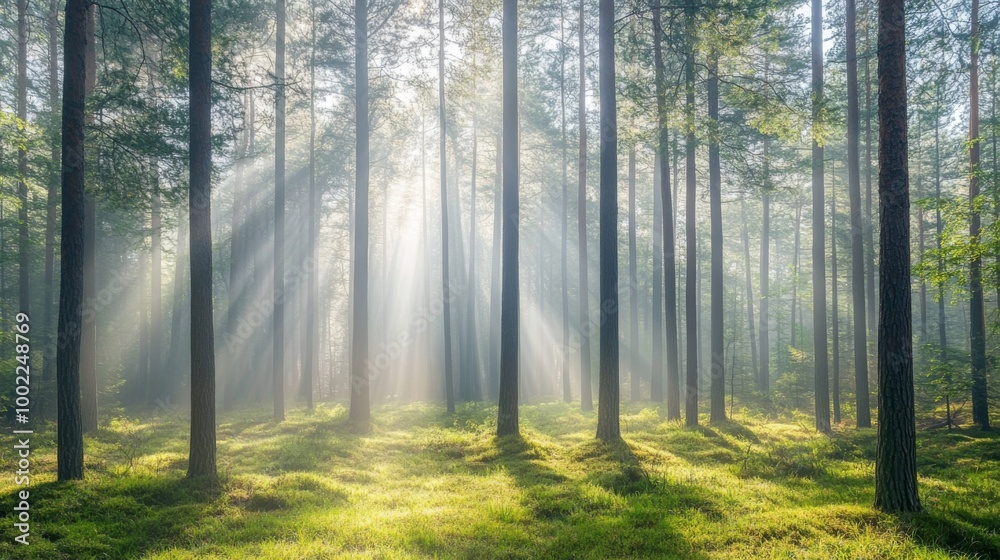 Obraz premium Sunbeams Illuminating a Misty Pine Forest