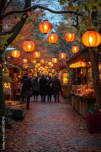 Autumn evening stroll through a vibrant market adorned with glowing lanterns ...
