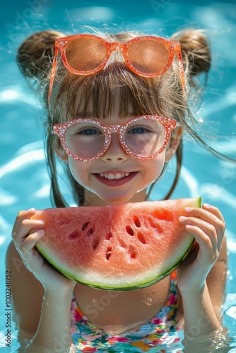 Joyful child holding watermelon slice while playing in pool during sunny day