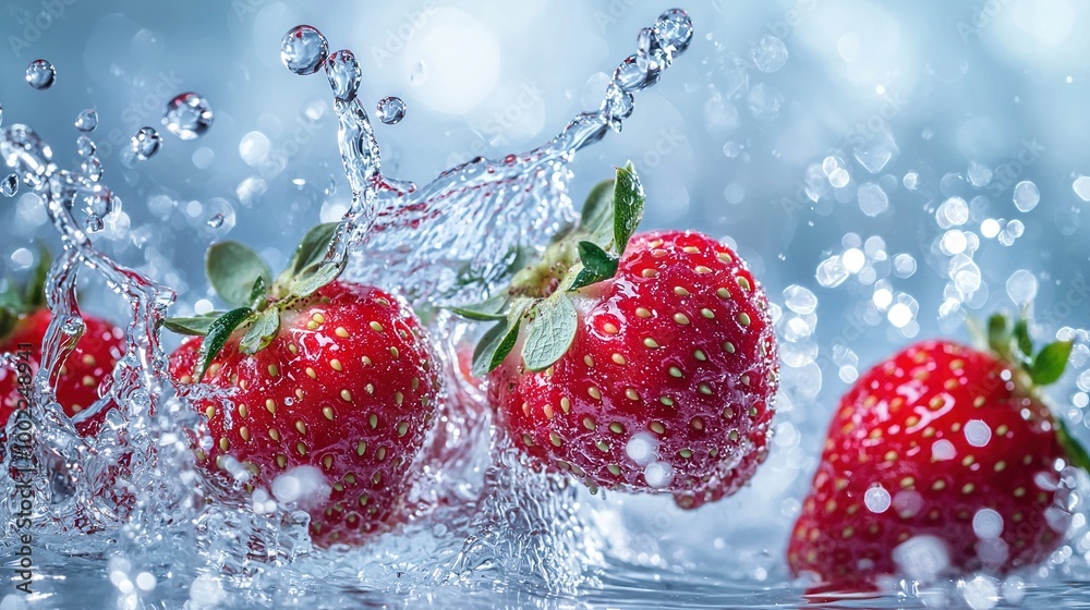A group of strawberries splashing into water, creating a splash A group of strawberries splashing into water, creating a splash