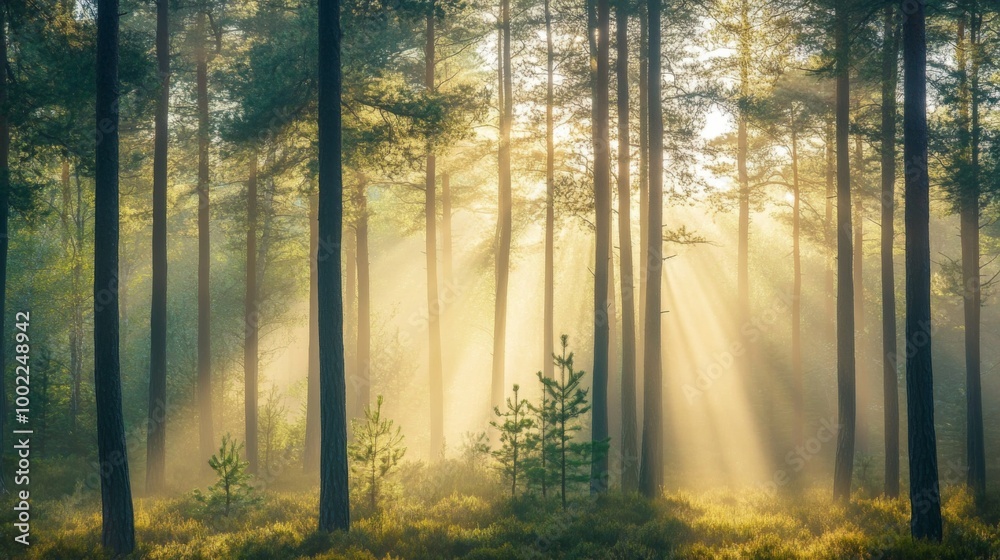 Obraz premium Sunbeams Piercing Through Misty Forest Trees