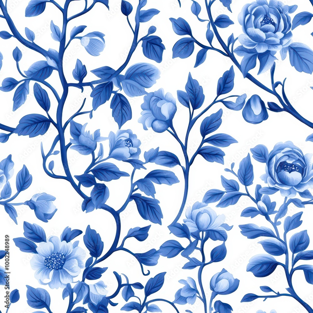 A delicate blue floral pattern featuring intertwining vines and blossoms against a white background, creating an elegant and timeless design. A delicate blue floral pattern featuring intertwining vines and blossoms against a white background, creating an elegant and timeless design.