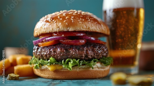 Juicy hamburger with fresh toppings and a cold beer on a turquoise table