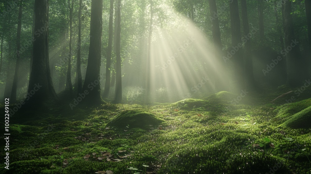Fototapeta premium Sunlight Beams through a Misty Forest, Illuminating a Carpet of Moss