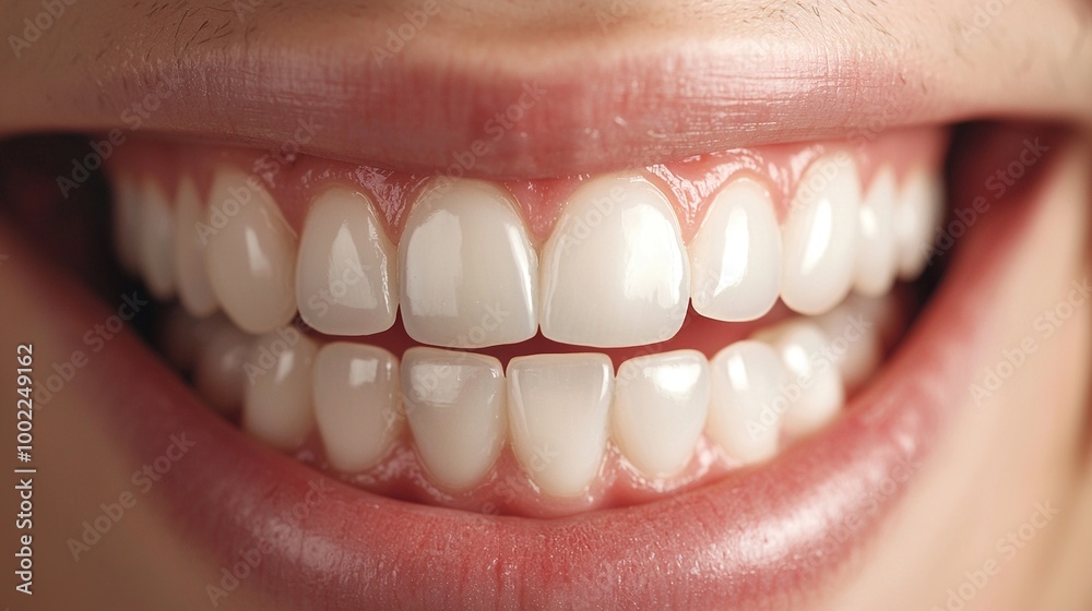 Obraz premium A close-up of a person's teeth, showing white teeth and gums on the upper part