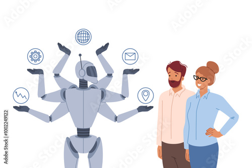 Synergy between multitasking robot and successful business people using modern technologies to increase productivity. Multi-armed ai robot quickly completes assigned tasks and corporate KPI