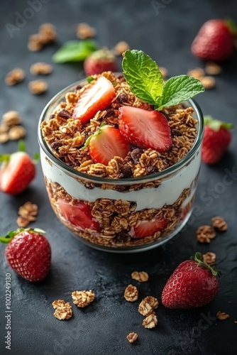 Fresh strawberry parfait with yogurt and granola on a dark countertop