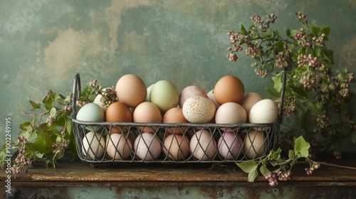 Eggs in a vintage metal basket, showcasing farm-fresh produce for wholesome meals photo