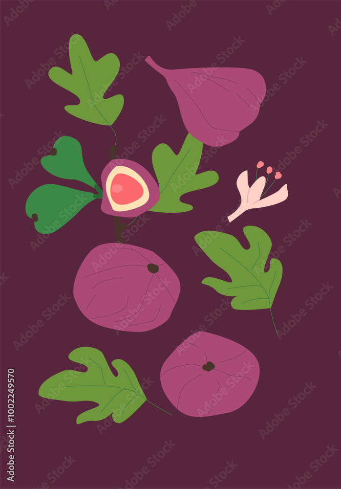 Abstract vertical figs poster, vector flat illustration. Summer or autumn bright pattern with fruit, harvest cover design. Can used for labels, market ad, posters, covers for print. Abstract vertical figs poster, vector flat illustration. Summer or autumn bright pattern with fruit, harvest cover design. Can used for labels, market ad, posters, covers for print.