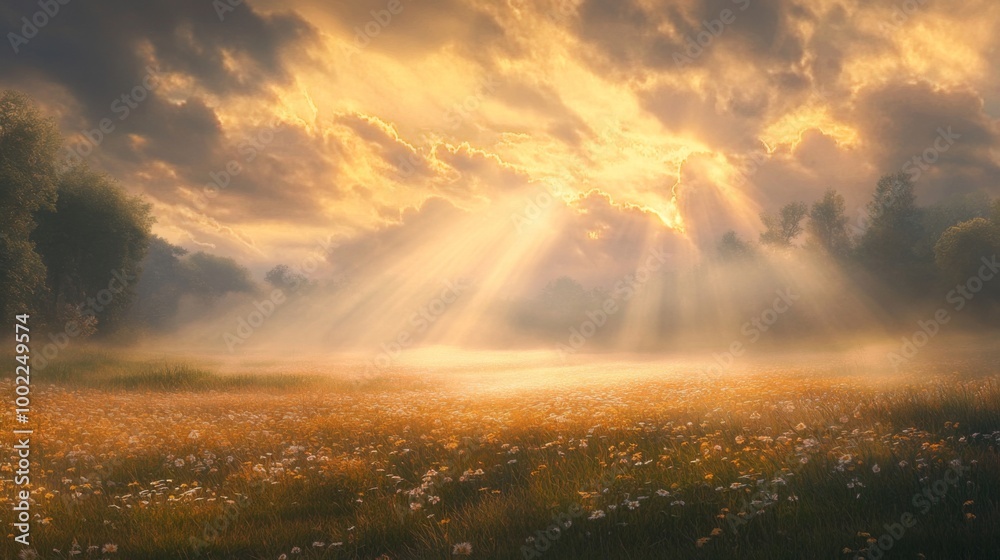 Golden Rays of Sunlight Illuminating a Misty Meadow with Wildflowers Golden Rays of Sunlight Illuminating a Misty Meadow with Wildflowers