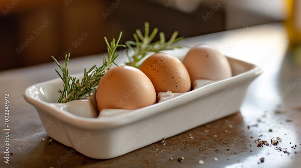 Eggs in an elegant porcelain egg crate, ideal for upscale culinary presentations Eggs in an elegant porcelain egg crate, ideal for upscale culinary presentations