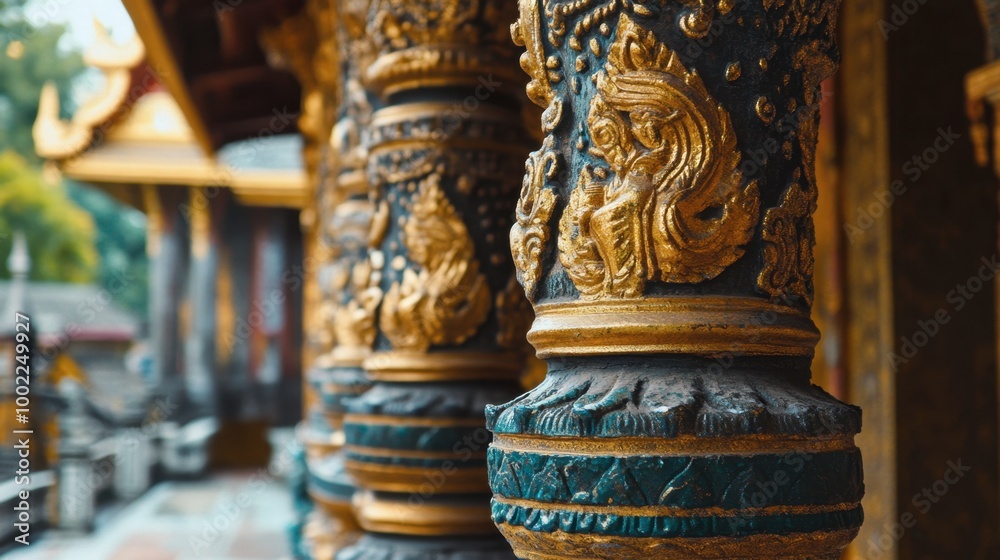 Fototapeta premium The intricate carvings and golden details of the pagodas at Wat Phra That Doi Suthep, a must-visit temple in Chiang Mai.