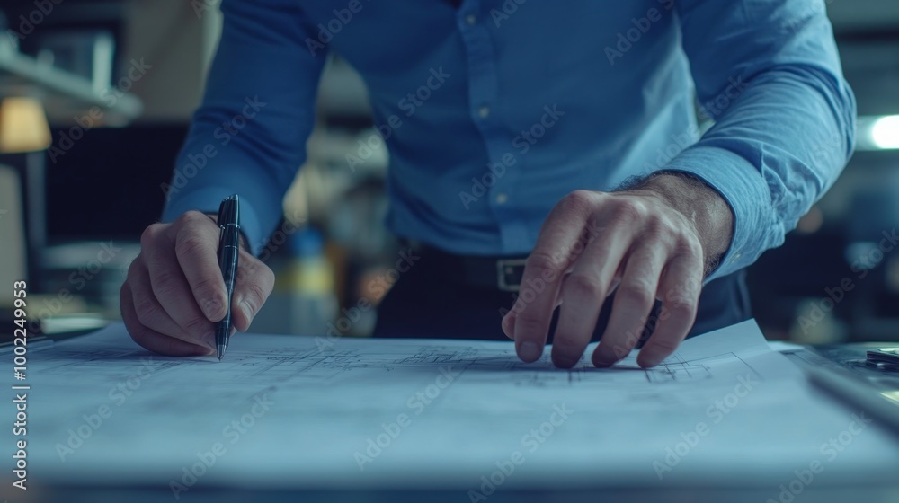 Engineer in a construction site office reviewing mathematical calculations and design blueprints with a focus on structural integrity Engineer in a construction site office reviewing mathematical calculations and design blueprints with a focus on structural integrity
