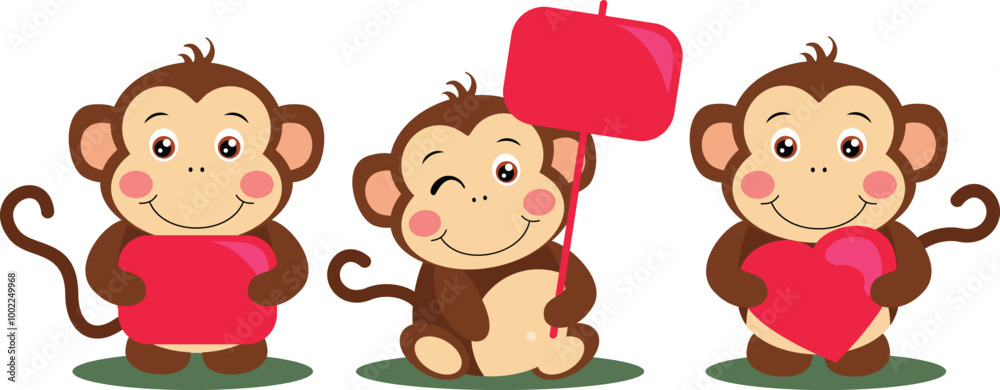 Three funny monkeys holding a red sign boards and heart Three funny monkeys holding a red sign boards and heart