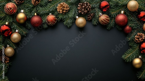 Holiday arrangement with red ornaments and pine cones on a black background