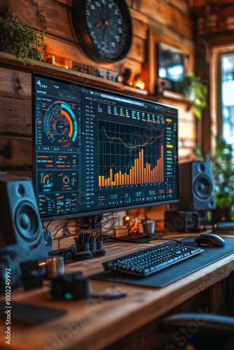 Cozy workspace with graphs and charts at dusk surrounded by plants and gentle...