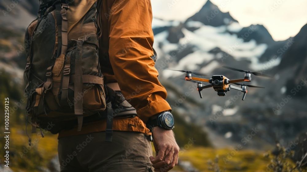 Fototapeta premium A person in outdoor gear stands with a backpack, watching a drone hover in a mountainous landscape.