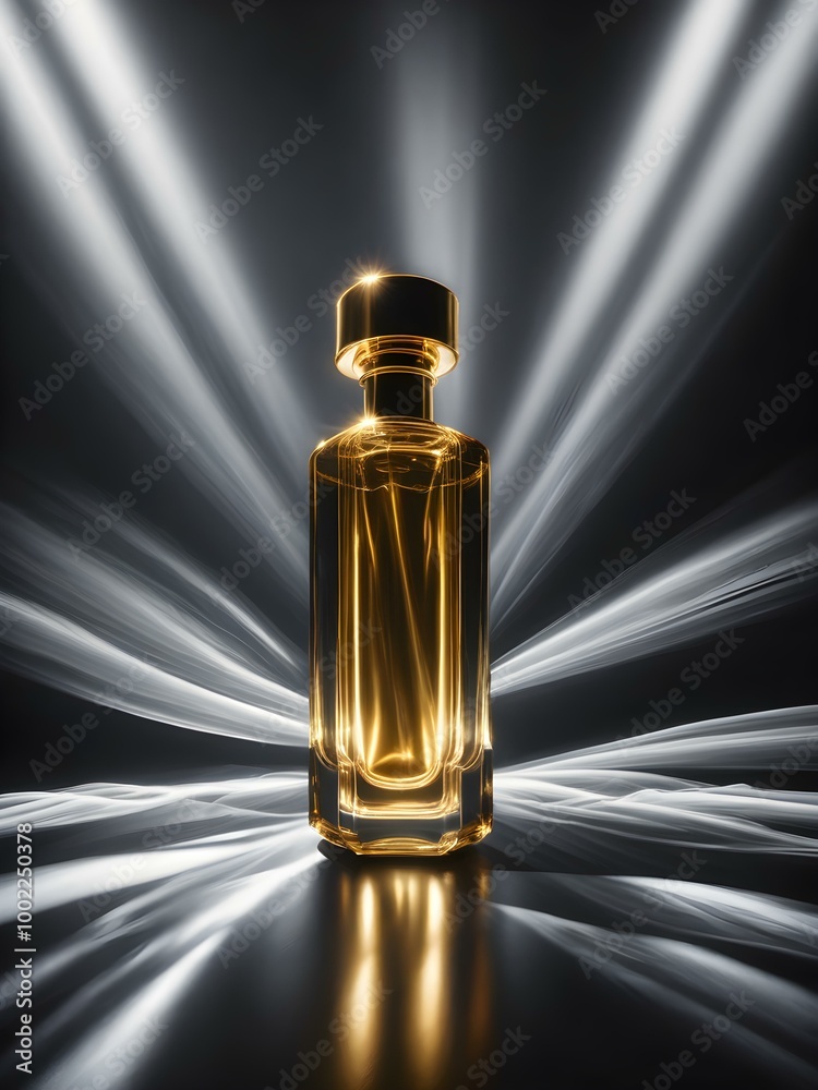 Naklejka premium A golden perfume bottle illuminated by a single spotlight, with dramatic shadows and reflections on a glossy black surface