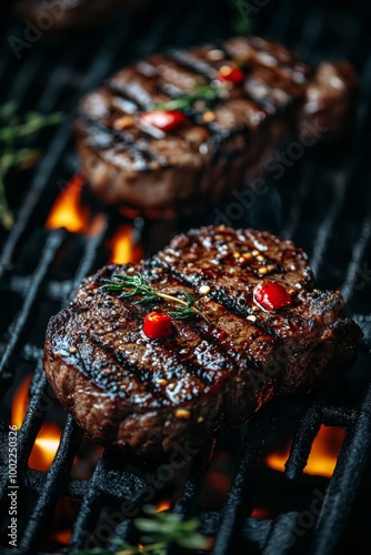 Juicy steaks sizzling on a grill with fresh herbs and peppers at a summer bar...