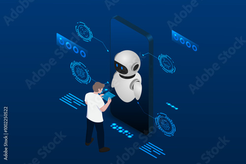 Isometric Artificial intelligence chip on a mobile phone with robot. Abstract digital technology innovation background.