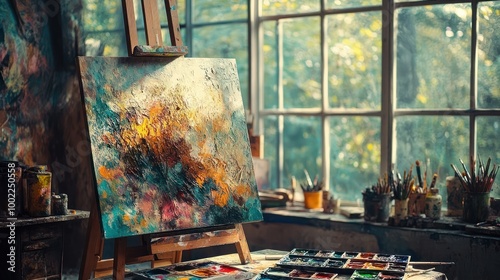 An abstract painting on an easel sits in an art studio with paints and brushes nearby. photo