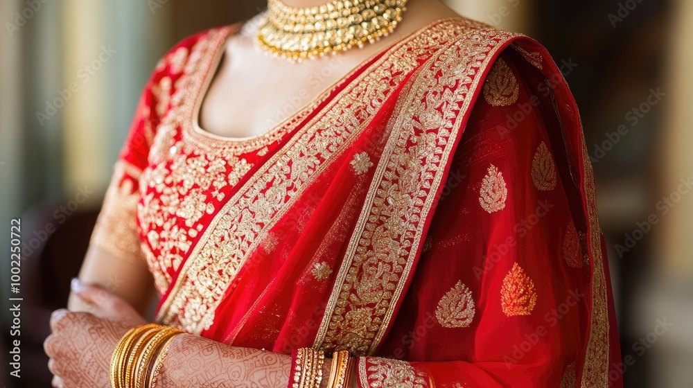 A luxurious bridal sari in royal red with shimmering golden zari work, matched with elaborate bridal jewelry sets. A luxurious bridal sari in royal red with shimmering golden zari work, matched with elaborate bridal jewelry sets.
