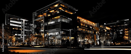 Modern buildings illuminated at night with streetlights.