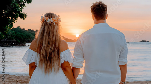 Romantic Couple Holding Hands at Sunset Beach