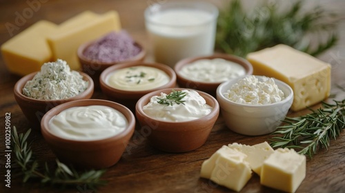 Freshly made cottage cheese and milk in rustic bowls on a wooden table
