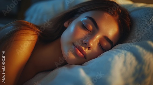 A young woman peacefully sleeping in a cozy bedroom at night with soft blue l...