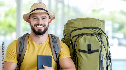 Smiling Traveler with Backpack and Passport Ready for Adventure