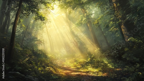 Sunbeams Illuminating a Path Through a Dense Forest