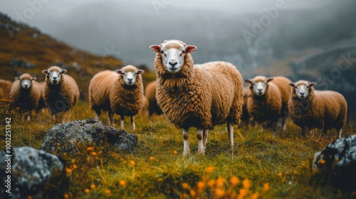 Flock of sheep grazing among wildflowers in a mountainous landscape during da...