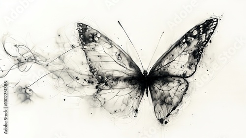   Black & white butterfly photo with water bubbles on wings against a dark backdrop