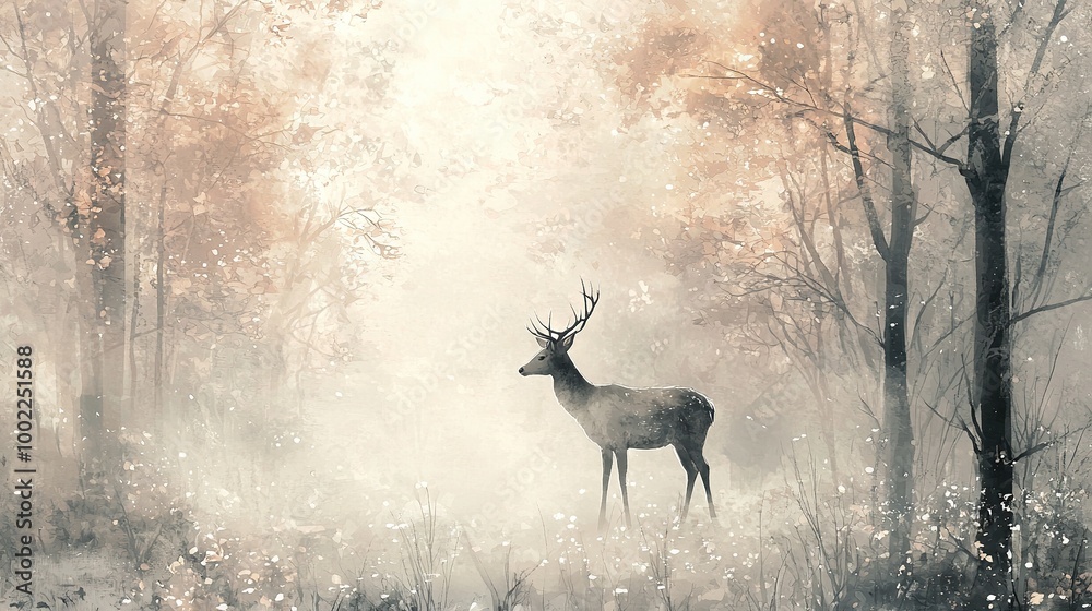 A deer stands amidst a snow-covered forest, surrounded by trees A deer stands amidst a snow-covered forest, surrounded by trees