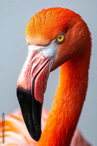Close-up of a flamingo's head showcasing vibrant pink feathers and striking e...