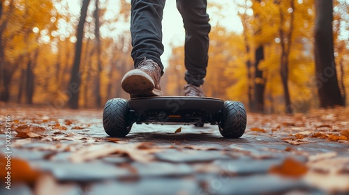Person riding an electric skateboard on a cobblestone path during autumn in a...