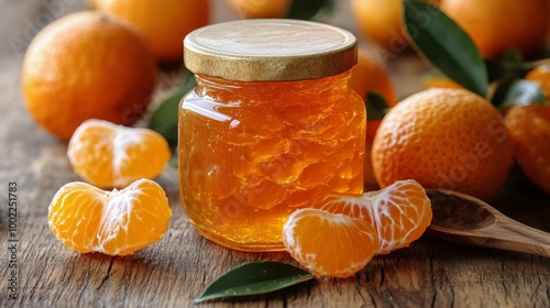 Homemade tangerine jam with fresh fruit on a wooden table