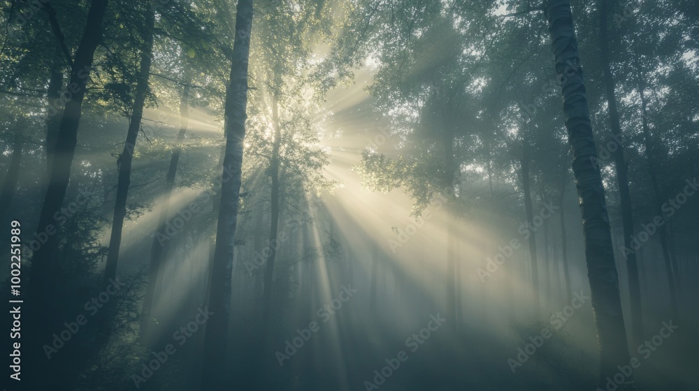 Sunbeams Illuminating a Misty Forest Sunbeams Illuminating a Misty Forest