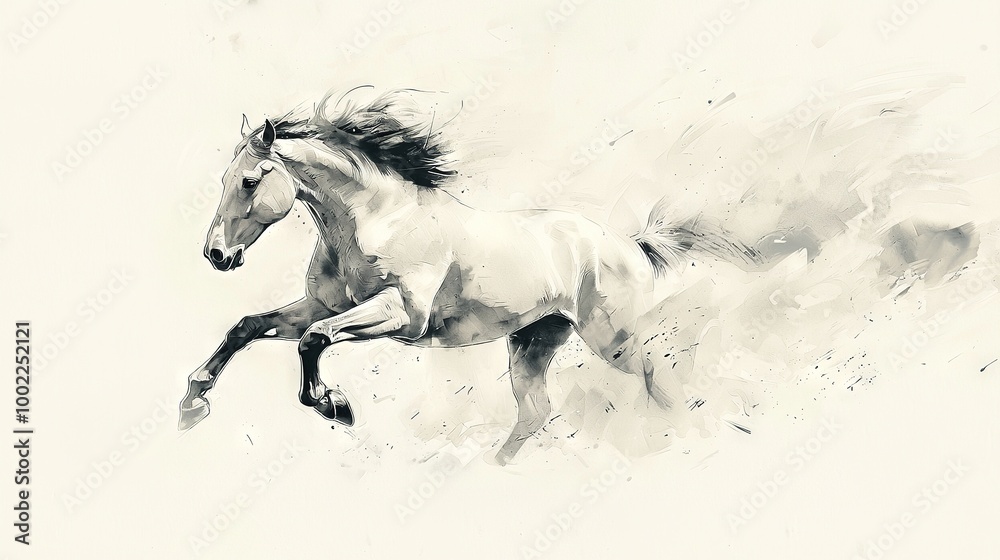 Obraz premium A monochrome drawing of a galloping horse on a white background with a splash of color in the foreground