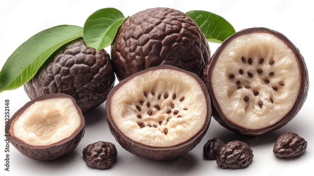 Whole and halved chocolate covered passion fruit with green leaves isolated on a white background. Whole and halved chocolate covered passion fruit with green leaves isolated on a white background.
