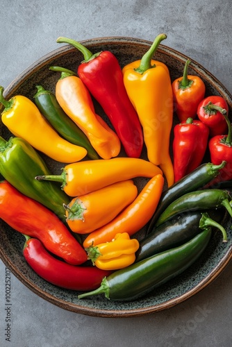 Fresh variety of colorful bell peppers and herbs arranged on a dark plate