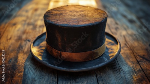 A vintage black top hat rests on a rustic wooden table illuminated by warm ev...