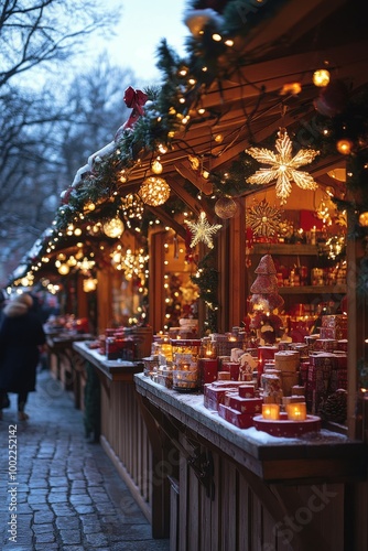 Charming holiday market illuminated by lights filled with festive decorations...