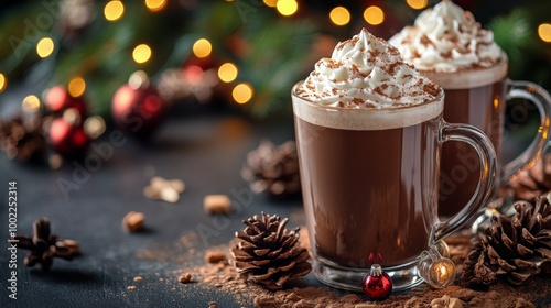 Warm festive drinks with whipped cream and spices decorated for the holiday s...